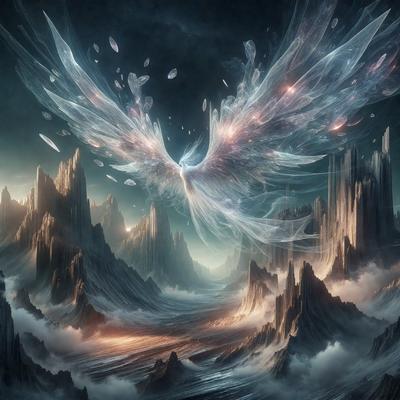 Primary subject: A large, colorful, and intricately designed angel wing.

Setting/background: The angel wing is set against a dark, moody, and dramatic sky.

Visual style: The image is a digital artwork, featuring a detailed and vibrant angel wing.

Colors and mood: The dominant colors are dark and moody, with the angel wing being the main focal point and source of light in the scene.